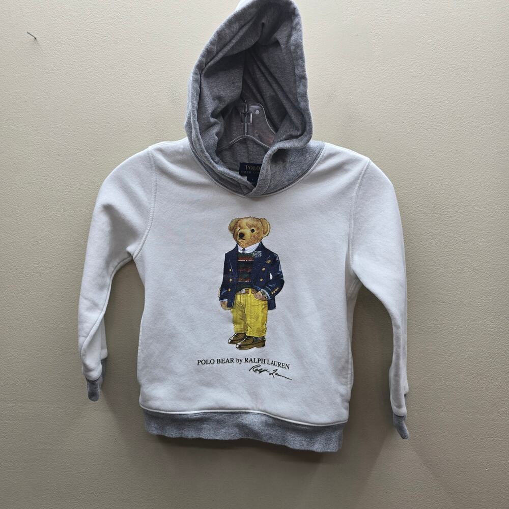 Polo Ralph Lauren Polo Bear Graphic Print Pullover Hoodie Grey White Size 6
